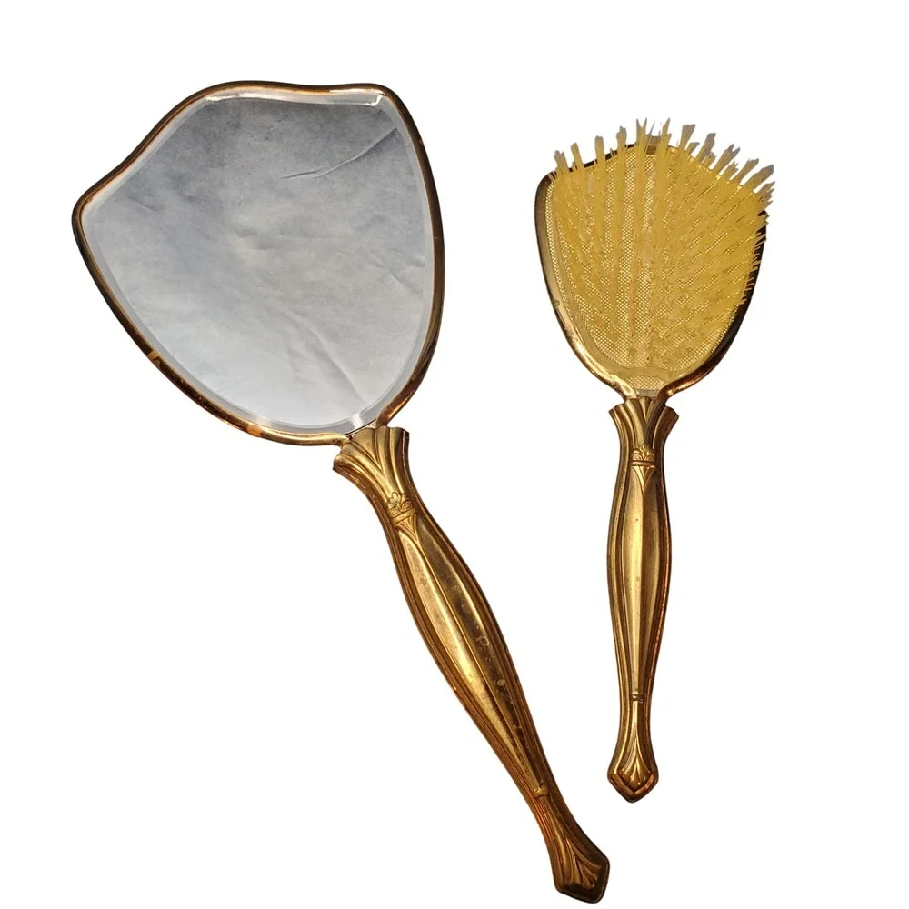 VTG 1950s Gold Tone Vanity Set Hand Mirror & Hair Brush Hollywood Regency Floral